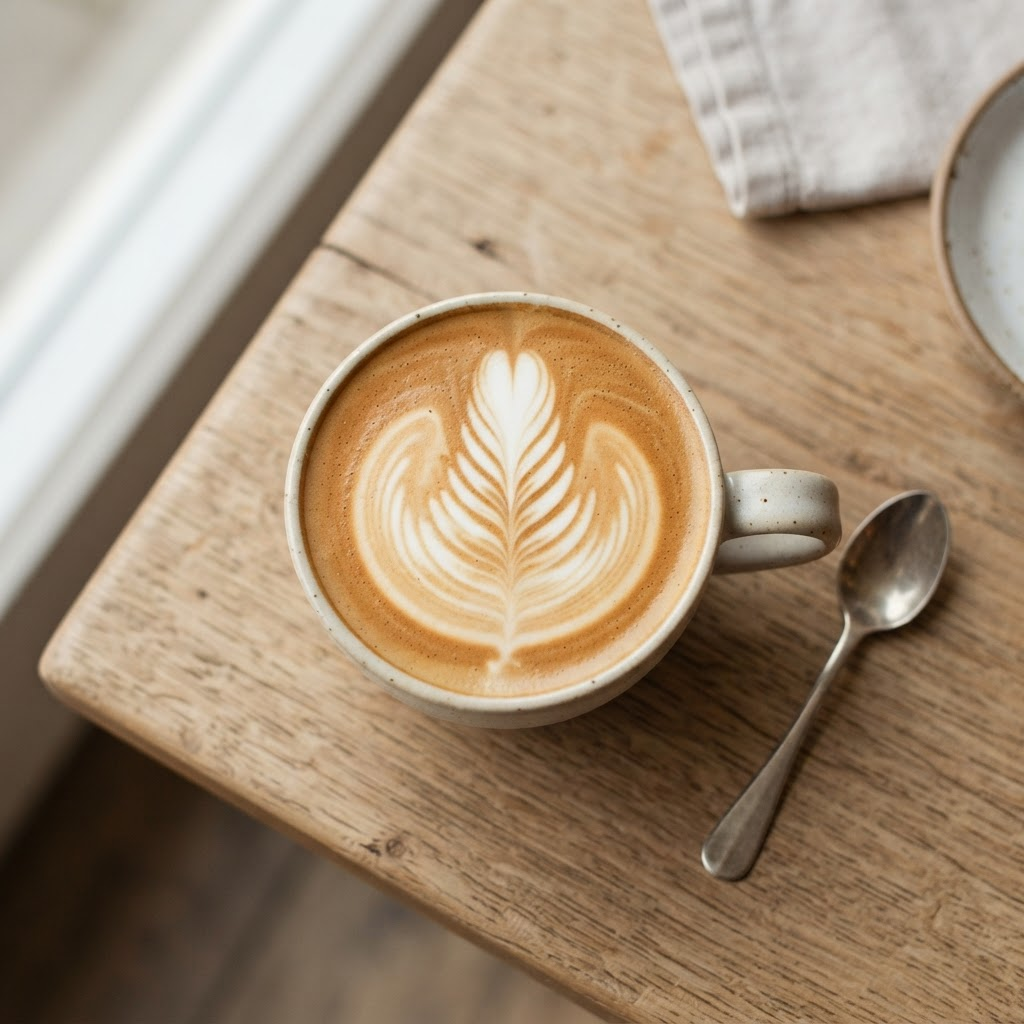A signature latte with rosetta latte art
