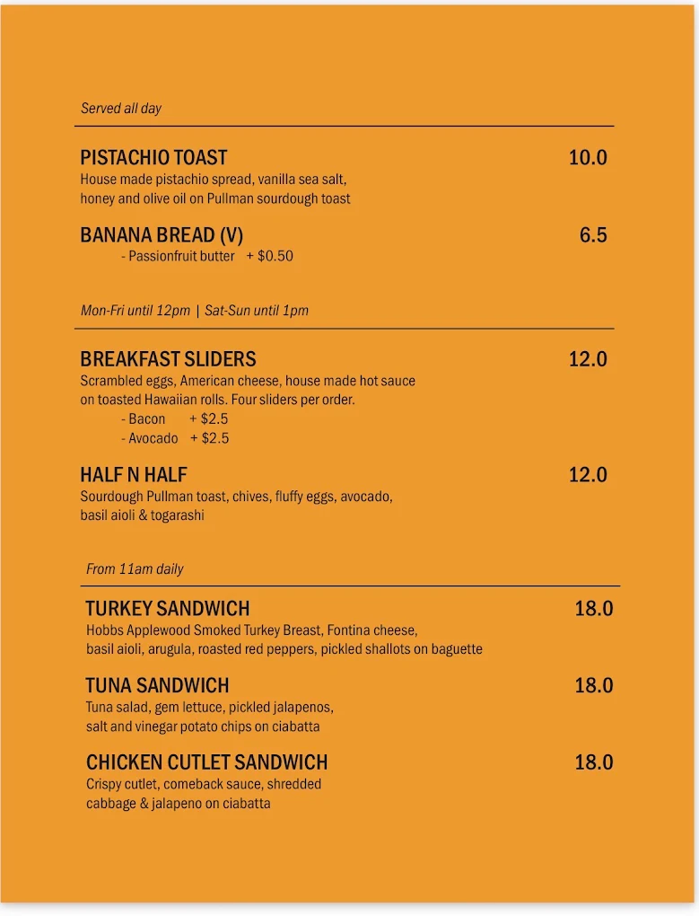 Community Goods toast, breakfast and sandwiches menu
